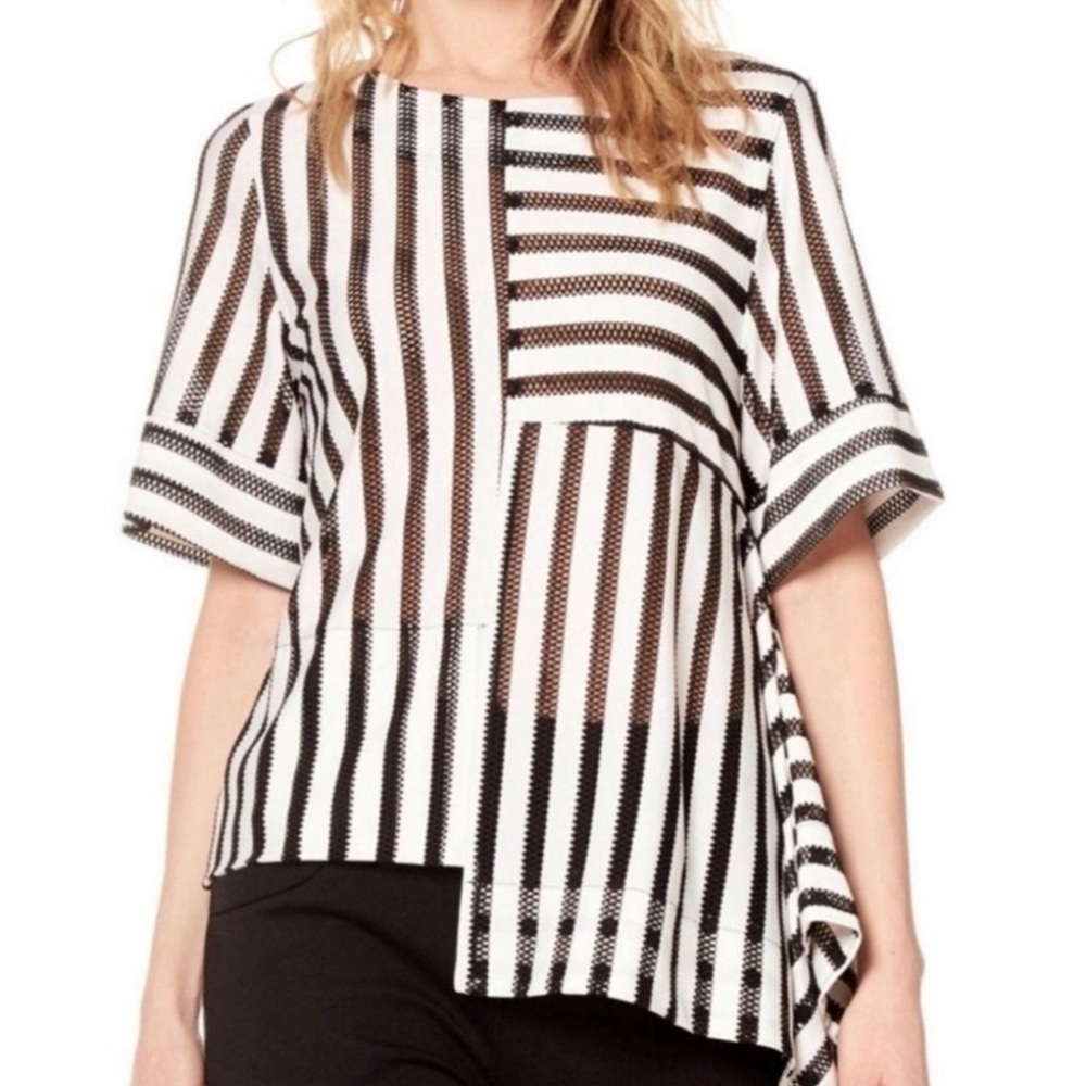 ​Gracia Black White Striped Asymmetrical Tunic Top L